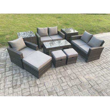 Fimous 8 Seater Outdoor Rattan Patio Furniture Set Garden Lounge Sofa Set with 2 Side Tables 3 Footstools Coffee Table Dark Grey Mixed (1/5)