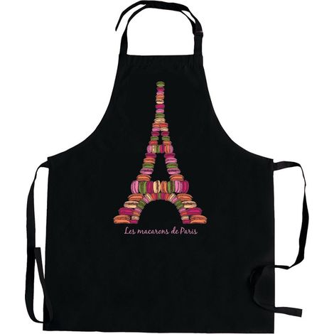 Tablier de Cuisine Recyclé avec Motif Macarons de Paris Coloris Noir 72 x 90 cm - PANGIVO