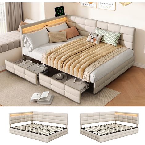 Polsterbett 140x200 cm aus beigem Leinenstoff, Doppelbett mit LED, USB-Anschluss, intelligentem Kopfteil und 2 Schubladen