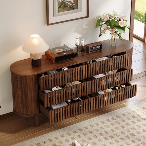 Buffet bas 160 × 40 × 70 cm avec 6 tiroirs et façades à lamelles ajourées - style moderne - MDF et pieds en métal - noyer (1/5)