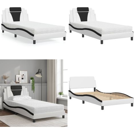 Bett mit Matratze Weiß und Schwarz 100x200 cm Kunstleder - Schlafzimmer Möbel - Betten - Doppelbetten - Boxspringbett - Gästebett - Home & Living (1/5)