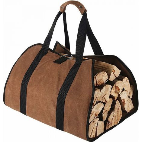 (Brown) 96 cm x 46 cm Large Heavy-Duty Waxed Canvas Log Carrier Bag Firewood Bag for Wood Stoves, Indoor and Camping (1/5)
