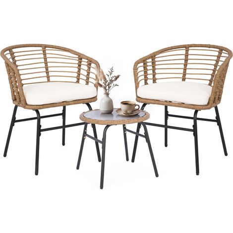 Salon de jardin 3 pièces avec coussins, résine tressée et table bistrot ronde, pour balcon terrasse (1/5)
