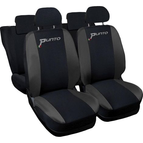 Lupex shop - Coprisedili Auto Compatibili per G.Punto.3pt, Made In Italy, set anteriori e posteriori (interi), copri poggiatesta incluso, tessuto poliestere, Nero\Grigio Scuro (1/4)