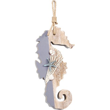 Statues et autres décorations - Suspension murale en bois en forme d'hippocampe, style méditerranéen rétro, 16 x 30 cm, bleu et blanc, 1 pièce (1/4)