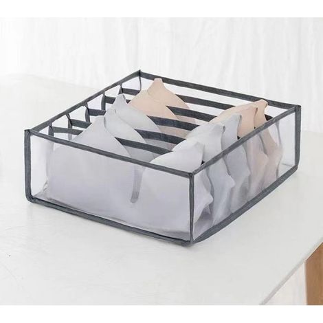 Organiseur Soutiens-gorge - 6 Compartiments - Toile Respirante Cadre Fil Métallique - Pour Tiroir Lingerie - Gris - 32x32x12 cm (1/2)