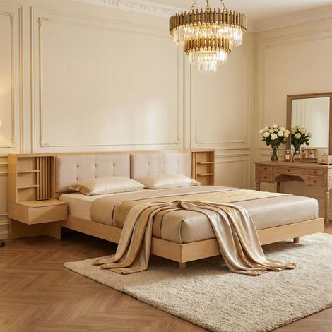 , Lit suspendu avec tête de lit de rangement,  format King (180x200cm),  lit plateforme rembourré avec port de chargement USB,  tiroirs et étagères,  sommier à lattes robustes...