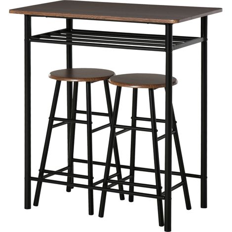 Set Tavolo Bar Industriale con 2 Sgabelli in Metallo e MDF 80x50x90 cm Nero con Ripiano (1/5)