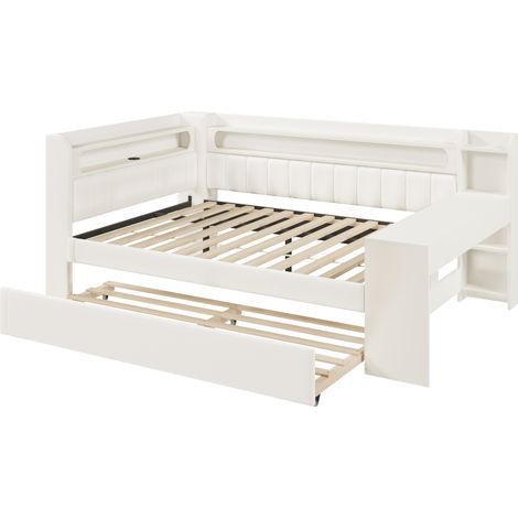 Lit Banquette 140×200 cm, Lit Double avec Lit Gigogne, USB, LED et Bureau, sans Matelas, Blanc