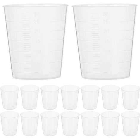 Lot de 100 gobelets doseurs gradués en plastique transparent de 30 ml, pour le bureau ou l'école. (1/3)