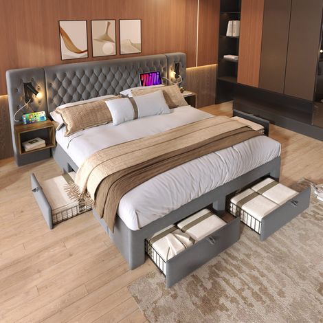 Cama 180x200 cm gris de terciopelo con cabecero, 2 mesitas, 4 cajones y luces de lectura USB (1/5)