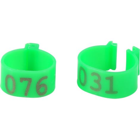 100 anneaux de pattes numérotés en plastique vert (16 mm, numérotés de 001 à 100) pour volailles (poulets, canards, oies) (1/3)