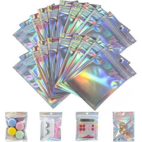 Baggies Lot de 100 sacs en mylar - Sacs à fermeture éclair en mylar - Sacs holographiques transparents - Sacs d'emballage laser réutilisables pour emballage cadeau (holographique, 6 x 10 cm) (1/5)