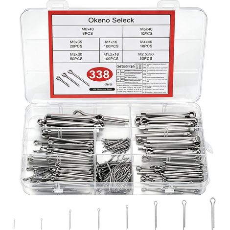 Set 338 goupilles fendues inox 304, 8 tailles M1/M1.5/M2/M2.5/M3/M4/M5/M6, sécurité pour auto, mécanique navale, atelier – boîte de rangement incluse. (1/5)