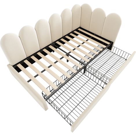 Cama tapizada 90 x 200 cm en terciopelo beige con 2 cajones, somier de láminas, sin colchón (1/5)