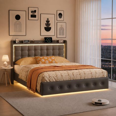 Lit flottant 140x200 cm en velours gris foncé (1/5)