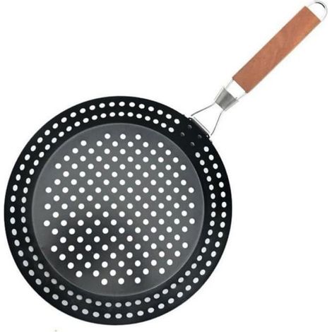 Poêle à griller pour barbecue, poêle antiadhésive avec poignée pliable en bois pour le camping en plein air Noir noir GRILL (1/4)