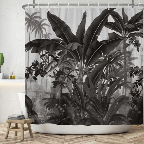 180x200cm Rideau de Douche Feuille de bananier Noir Blanc Rideaux de Douche Plantes Tropicales Art Moderne Salle de Bain Rideau décoratif Rideau de Baignoire Lavable avec Crochet (1/5)