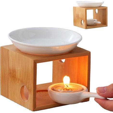 Lampe à Parfum pour huiles essentielles, Bougie Chauffe-Plat, diffuseur en céramique et Bambou, aromathérapie pour décoration, Yoga, Chambre à Coucher (Bois) (1/5)