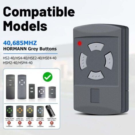NALOOKAMIC Hörmann - Lot de 2 émetteurs manuels de rechange pour porte de garage Hörmann - 40,685 MHz - 4 canaux - Compatible avec HS2-40, HS4-40, HSE2-40, HSE4-40, HSM2-40, HSM4-40, bouton gris (1/3)
