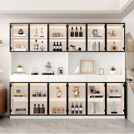 Vitrina con iluminación LED, 200 x 120 x 36 cm, blanca con marco de aluminio negro OKMYHOME (1/5)