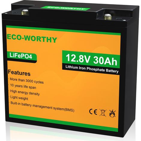 ECO-WORTHY 30Ah 12V Lithium Battery LiFePO4 Rechargeable battery Lithium with 3000+ Deep Cycles and BMS Protection, Perfect for Boat, Ride on Car, Trolling Motor，Electric Scooter，Lawn Mower