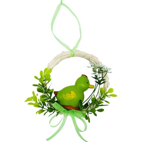 Nid d'oiseau, couronne d'œufs de poule, couronne en rotin, décoration lapin, décoration de Pâques à suspendre (13 cm), décoration canard vert. Matériaux : rotin et plastique. (1/2)
