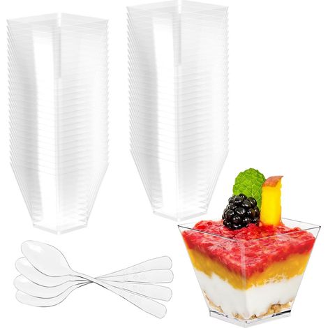 50 Gobelets à dessert, transparents, réutilisables, avec cuillères, pour mousse, pudding, fêtes (1/5)
