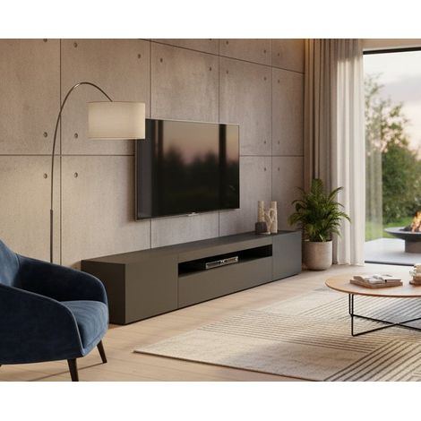 Mobile Porta tv - 2 Ripiani Apertura Battente e a Ribalta, Nero Antracite Lucido, -, 200x40x37h cm Tunja