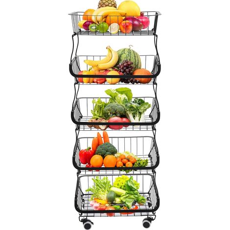 Étagère de cuisine à plusieurs étages - Panier de rangement pour fruits et légumes - Durable - Forte capacité de charge - Panier de rangement en métal à roulettes avec roues pour fruits (1/5)