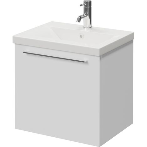 Napoli 390 Gloss White 500mm Wall Mounted Single Drawer Vanity Unit with Glide Basin - 500mm - Chrome 320mm Handle