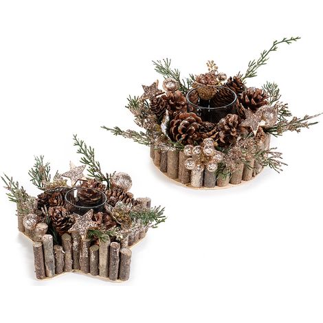Centrotavola / portacandela di Natale in legno con base di rametti e decori con pigne, rami di abete, set da 2 pezzi, Stella: cm 18,5x17,5x8,5 H