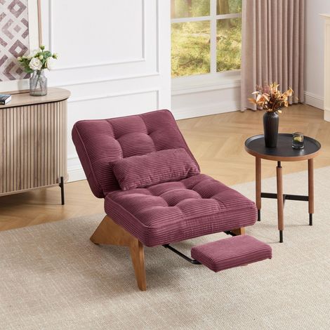 Fauteuil relax 127 x 73 x 90 cm - Dossier Réglable Multi-angles avec Repose-pieds et Coussin Lombaire - Charge 220 kg - Velours Côtelé - Rose