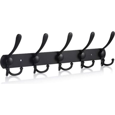 Wall-mounted coat rack with hooks – Extremely robust stainless steel, 5 triple hooks, ideal for coats, hats, towels, entryway, bathroom, black (1/4)
