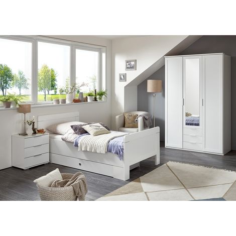 Chambre à coucher complète enfant (lit 90x200cm+ tiroir + chevet + armoire) coloris blanc -PEGANE- (1/2)