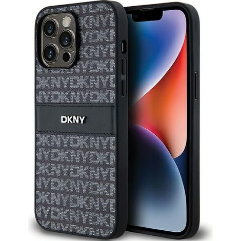 Custodia per iPhone 14 Pro dkny in pelle con motivo a righe monocromatiche, nera (1/5)