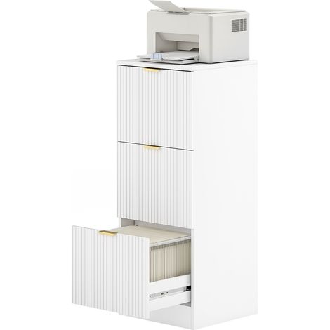 Caisson de bureau à 3 tiroirs, façades cannelées, classeur pour documents A4 ou Lettre, 40 x 40 x 101 cm, blanc (1/5)