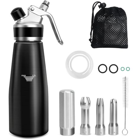 Siphon, 500 ml Siphon for Mousses and Creams, Decorating Cakes and Desserts, Aluminium Cream Syphon with 3 Stainless Steel Nozzles, Mesh Bag, Cleaning Brush (1/5)