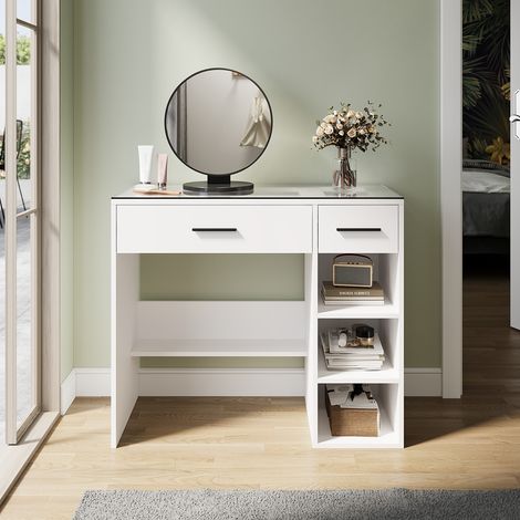 ELEGANT Dressing Table, Single Table High Gloss Dressing Cabinet with 2 Drawers and Open Shelves, Modern Design Applicable to Multiple Scenarios, White, 900×400×770mm (1/5)