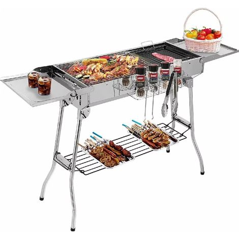 Barbecue charbon de bois inox portable pour camping, tables latérales pliables, plateau antiadhésif et système de ventilation ajustable pour contrôle du feu (1/5)