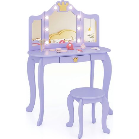Tavolo da toeletta per bambini con luci, specchio a tre ante, viola