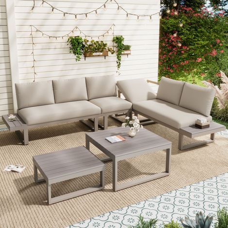Salon de jardin beige et kaki - dossier inclinable 5 positions - modulable - tables empilables - acier galvanisé - bois plastique - moderne