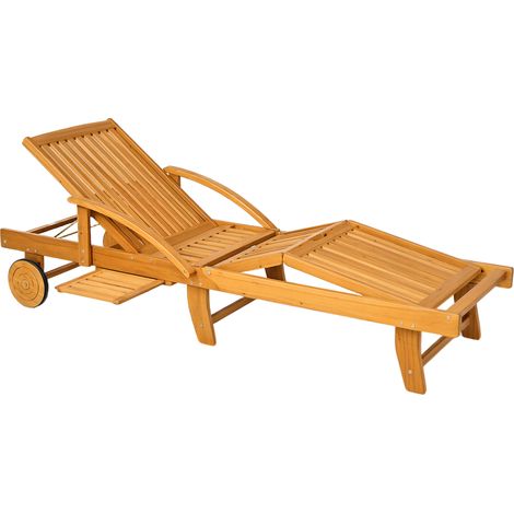 Lettino prendisole pieghevole in legno Irovami, sedia da giardino con tavolino laterale, ruote, schienale regolabile in 4 posizioni, teak