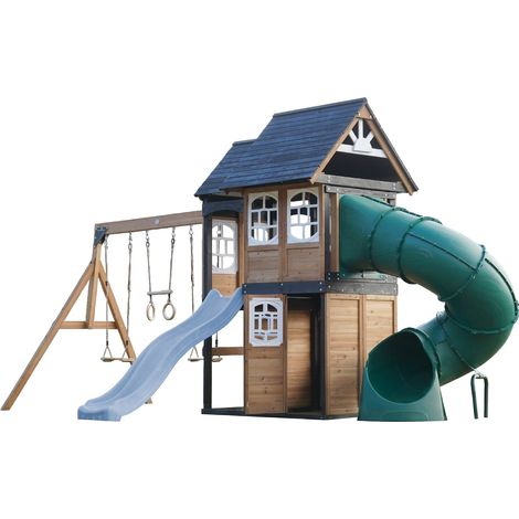 Axi Noud Aire De Jeux En Bois, 2 Balançoires, Toboggan Tubulaire Et Toboggan Bleu Pastel Maisonnette Xxl Pour Enfants Avec Structure D'Escalade Et Trapèze Pour Le Jardin