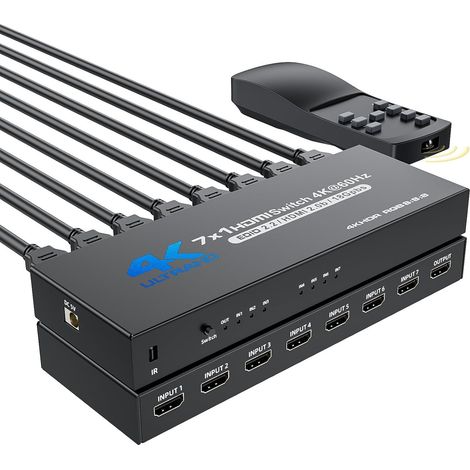 HDMI Switch 7 Entrées 1 Sortie 4K@60Hz, Commutateur HDMI 2.0 7 Ports Boîte de Sélection HDM I Hub avec Télécommande Soutien 3D HDCP 2.2 HDR pour PS5 Xbox Series X HDTV PC avec Alimentation (1/5)