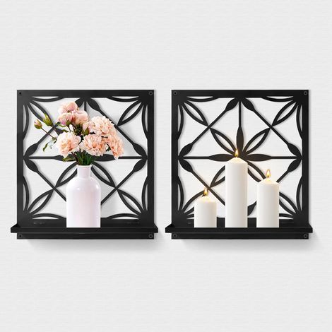 Lot de 2 appliques murales rétro en métal noir, étagères flottantes pliables avec dos géométrique floral carré, décoration murale de ferme pour entrée, salon, chambre à coucher (1/5)