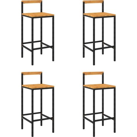 Barhocker Set von 4 in Schwarz, geflochtenes Material und Akazienholz