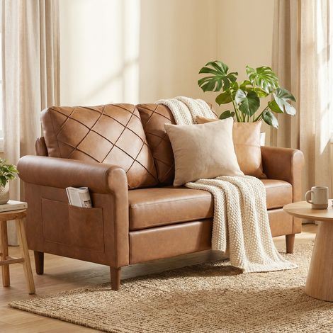 Sofá de 2 Plazas de PU con Patas de Madera Respaldo con Costuras Sofá Moderno para Salón Dormitorio Marrón (1/5)