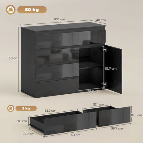 Buffet moderne, buffet de rangement avec 5 tiroirs, étagère réglable, porte à fermeture amortie, noir laqué brillant (1/5)