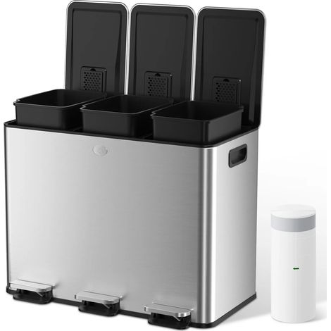 45L Mülleimer cucina, cestino per rifiuti a 3 compartimenti con pedali in acciaio inossidabile, 20 sacchetti per rifiuti e contenitore interno rimovibile